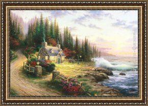 Serenity Cove Framed Paintings - Pine Cove Cottage by Thomas Kinkade
