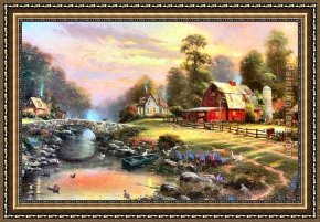 Golden Sunset Framed Paintings - Sunset at Riverbend Farm by Thomas Kinkade