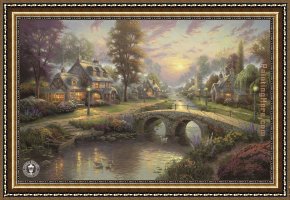 Golden Sunset Framed Paintings - Sunset on Lamplight Lane by Thomas Kinkade