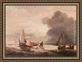 Open Framed Paintings - Dutch Barges In Open Seas by Thomas Luny