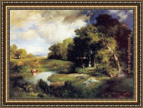 Landscape with a Lake Framed Paintings - A Pastoral Landscape by Thomas Moran