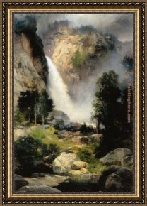 Yosemite Valley Yellowstone Park Framed Paintings - Cascade Falls Yosemite by Thomas Moran