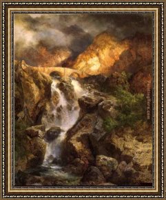 What The Water Gave Me Framed Paintings - Cascading Water by Thomas Moran