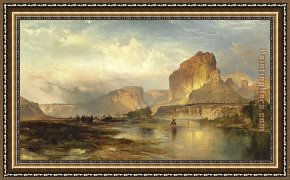The Wolf River, Kansas Framed Paintings - Cliffs of Green River by Thomas Moran