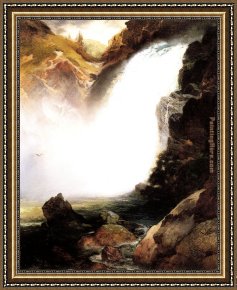 Landscape with Waterfall Framed Paintings - Landscape with Waterfall by Thomas Moran