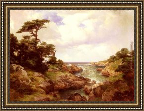 Rocky Coast Framed Paintings - Monterey Coast by Thomas Moran