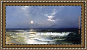 Seascapes Framed Paintings - Moonlit Seascape I by Thomas Moran