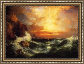 Golden Sunset Framed Paintings - Sunset near Land's End, Cornwall, England by Thomas Moran