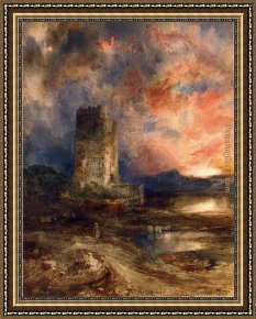 Golden Sunset Framed Paintings - Sunset on the Moor by Thomas Moran