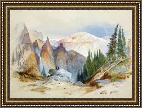 In Western Mountains Framed Paintings - Tower Falls and Sulphur Mountain,Yellowstone by Thomas Moran