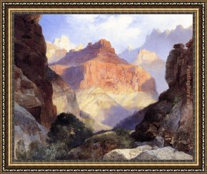 Grand Framed Paintings - Under the Red Wall,Grand Canyon of Arizona by Thomas Moran