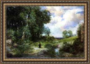 Young Girl Reading Framed Paintings - Young Girl in a Long Island Landscape by Thomas Moran