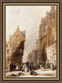 Village Street And Stairs with Figures Framed Paintings - Figures On A Street In A Market Town, Belgium by Thomas Shotter Boys