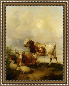 Goats, Framed Paintings - A Bull and Cow with Two Sheep and Goat by Thomas Sidney Cooper