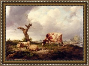 An Autumn Landscape with Cows Near a Stream Framed Paintings - A Cow With Sheep In A Landscape by Thomas Sidney Cooper