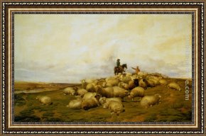 A Shepherd And His Dog Guarding a Flock of Sheep Framed Paintings - A Shepherd With His Flock by Thomas Sidney Cooper