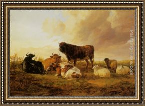 Cattle in a Pasture Framed Paintings - Cattle and Sheep in a Field by Thomas Sidney Cooper