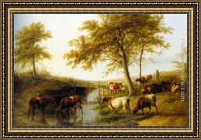 Cattle in a Pasture Framed Paintings - Cattle Resting By A Brook by Thomas Sidney Cooper