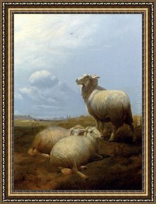 Cattle in a Pasture Framed Paintings - Sheep At Pasture by Thomas Sidney Cooper