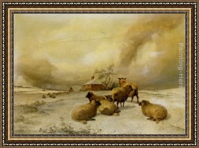A Winter Landscape with Skaters Near a Village Framed Paintings - Sheep In A Winter Landscape by Thomas Sidney Cooper