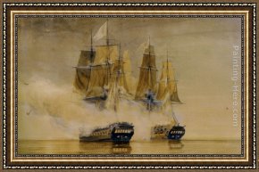 French Framed Paintings - Action between HMS Amethyst and the French frigate Thetis by Thomas Whitcombe