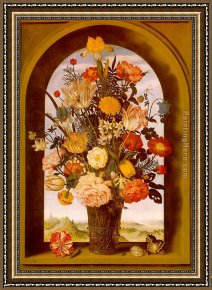 The Blue Window Framed Paintings - bosschaert Flower Vase in a Window Niche by Unknown Artist