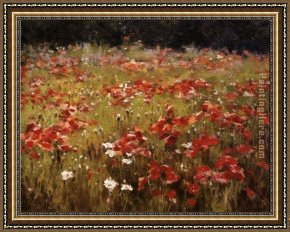 Field of Red And Gold Framed Paintings - Field of Red Flowers by Unknown Artist