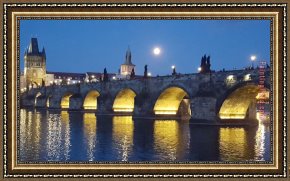 Rising Framed Paintings - Full Moon Rising Over Charles Bridge in Prague by Unknown Artist