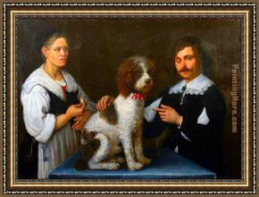 Lovers Man And Woman Framed Paintings - Guercino of a dog on table with a man and a woman by Unknown Artist