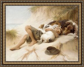 The Young Critics Framed Paintings - Margaret Collyer Young Boy Asleep with Dogs by Unknown Artist