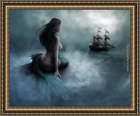 Artist Framed Paintings - Mermaid and pirate ship by Unknown Artist
