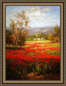 Field I Framed Paintings - Poppy Field Splendid Pathway by Unknown Artist