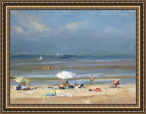 Sunny Framed Paintings - Sunny at the beach white parasol by Unknown Artist