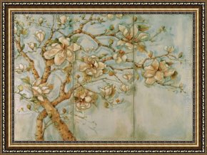 Triptych Framed Paintings - White Magnolia Triptych by Unknown Artist