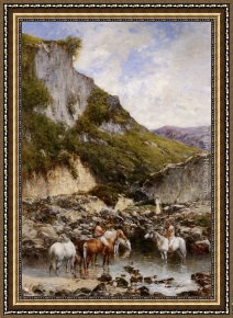 Riders Framed Paintings - Arab Riders watering the Horses by Victor Pierre Huguet