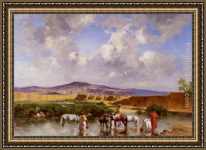 Watering Framed Paintings - Watering at the Wadi by Victor Pierre Huguet