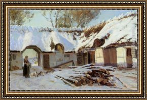 Feeding Framed Paintings - Feeding the Chickens by Viggo Christian Frederick Pedersen