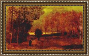 Cattle Watering at Dusk Framed Paintings - Autumn landscape at dusk by Vincent van Gogh