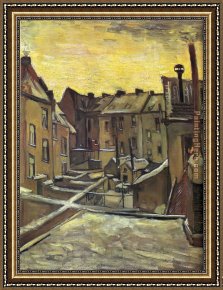 Snow Framed Paintings - Backyards of Old Houses in Antwerp in the Snow by Vincent van Gogh