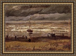Seashore at Scheveningen Framed Paintings - Beach at Scheveningen in Stormy Weather by Vincent van Gogh