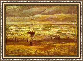 Figure Modern Framed Paintings - Beach with Figures and Sea with a Ship by Vincent van Gogh