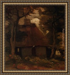 Peasants at Their Cottage Door Framed Paintings - Cottage and Peasant Woman under the Trees by Vincent van Gogh