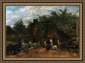 Gingerbread Cottage Framed Paintings - Cottage and Woman with Goat by Vincent van Gogh