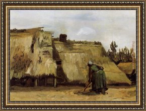 Cottage,rainbow,mill Framed Paintings - Cottage with Woman Digging by Vincent van Gogh