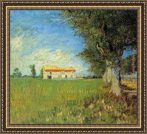 Wheat Framed Paintings - Farmhouses in a Wheat Field by Vincent van Gogh
