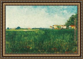 Wheat Framed Paintings - Farmhouses in a Wheat Field Near Arles by Vincent van Gogh