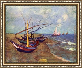 Saint Cosmas And Saint Damian Salvaged Framed Paintings - Fishing Boats on the Beach at Saints-Maries by Vincent van Gogh