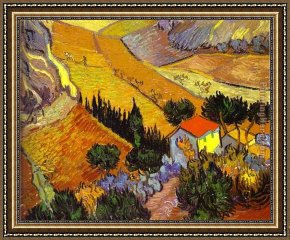 Landscape with Houses at Ceret Framed Paintings - Landscape with House and Laborer by Vincent van Gogh