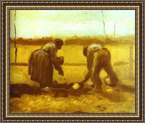 Lovers Man And Woman Framed Paintings - Peasant Man and Woman Planting Potatoes by Vincent van Gogh