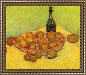 Oranges Framed Paintings - Still life with a bottle of lemons and oranges by Vincent van Gogh